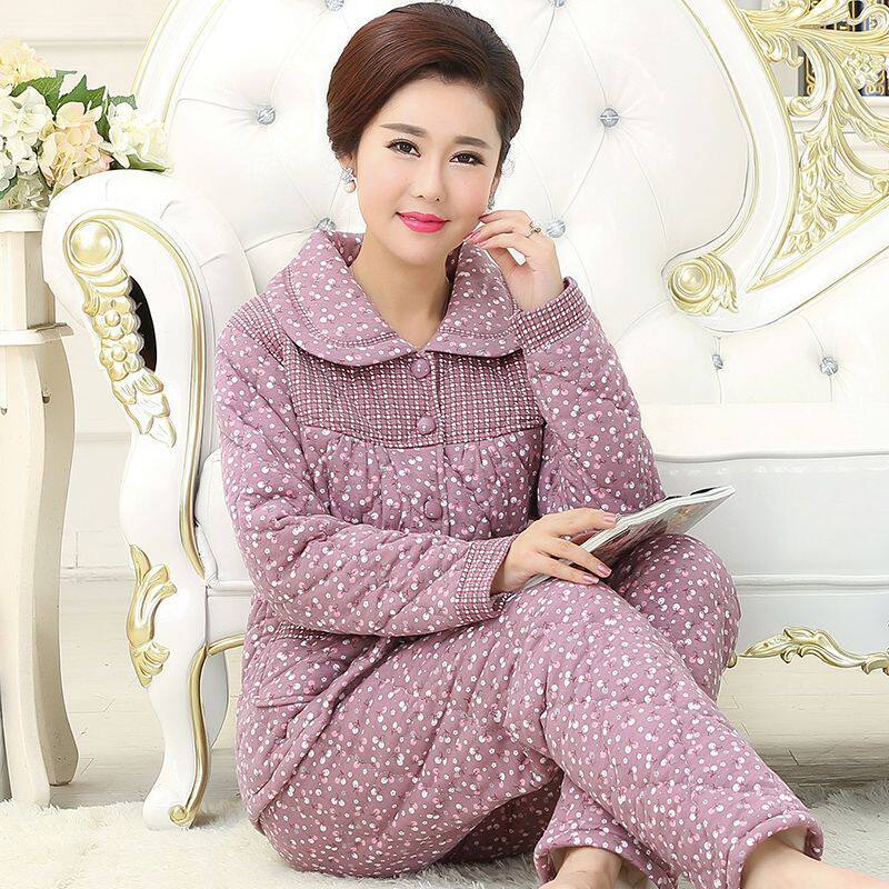 睡衣女士冬季100%纯棉奶奶夹棉三层加厚家居服中老年保暖棉袄套装