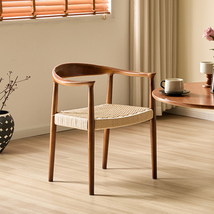 北欧实木绳编肯尼迪总统椅扶手靠背餐椅会议洽谈商务休闲茶椅书桌