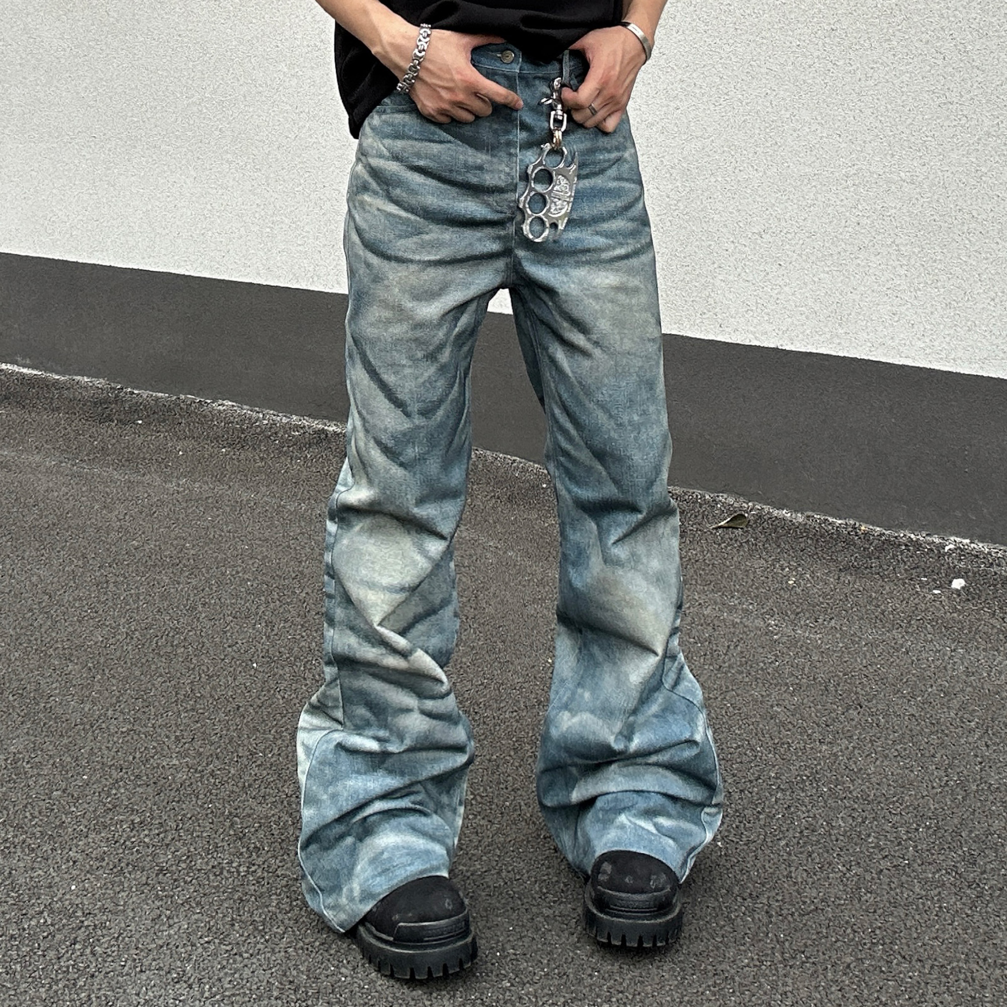 美式复古闪电纹水洗宽松