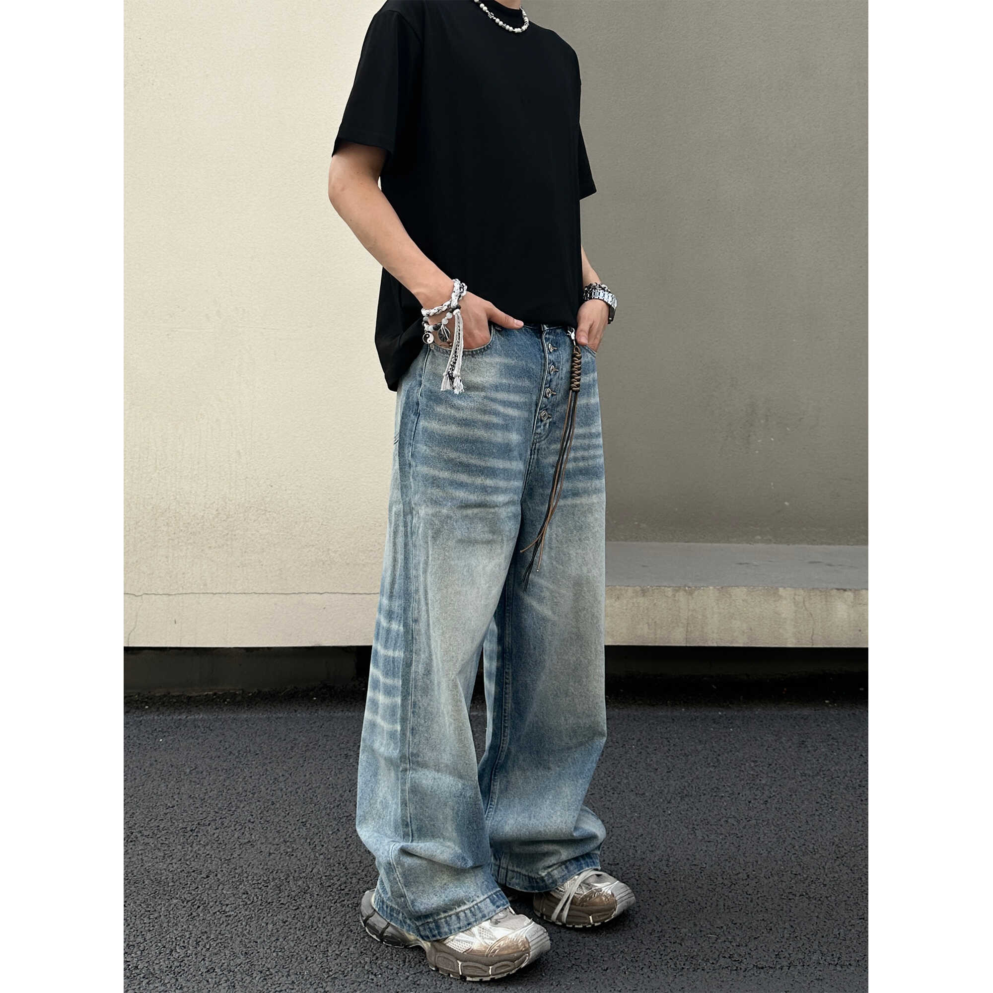 EXTM排扣设计阔腿牛仔裤