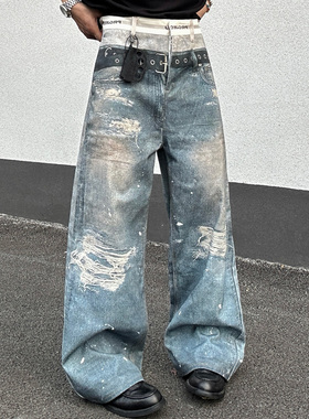 EXTM美式复古3D数码打印假两件做旧破坏水洗印花阔腿直筒牛仔裤男