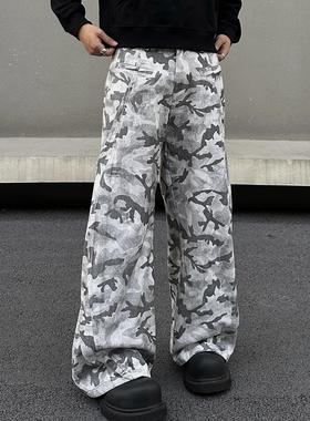 EXTM美式复古迷彩工装裤男女高街vibe风设计感拼接宽松阔腿休闲裤