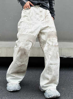 EXTM美式复古做旧高街巴黎脏脏弯刀牛仔裤男街头宽松机车风阔腿裤