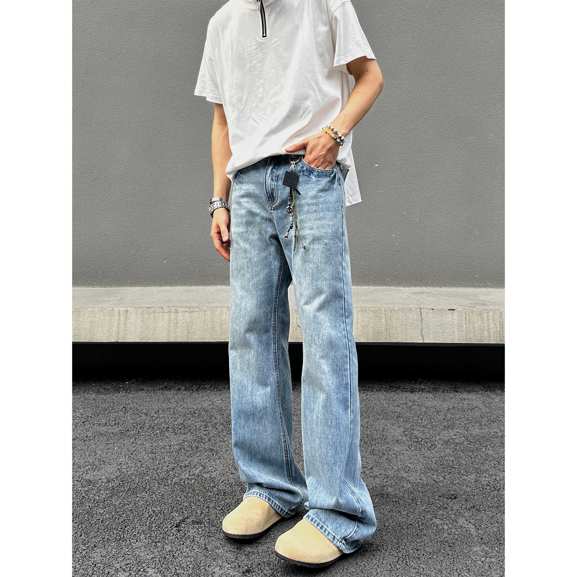 EXTM水洗蓝微喇叭牛仔裤