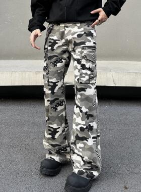 EXTM美式复古Cargo多口袋波点迷彩工装裤vibe街头嘻哈微喇休闲裤