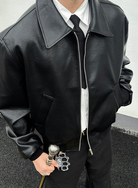 EXTM美式复古短款PU皮翻领皮衣夹克男秋冬季高级感痞帅机车服外套
