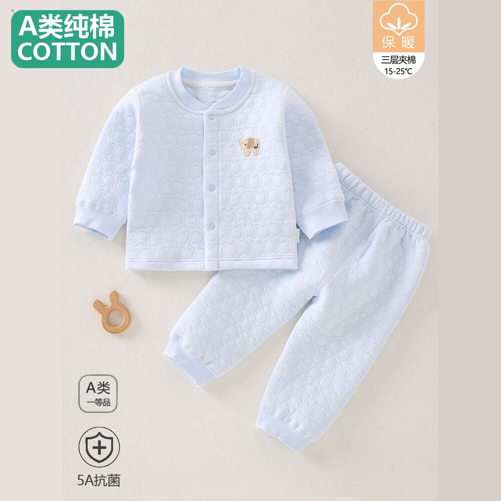 全棉婴儿内衣套装秋冬a类纯棉三层保暖无骨对开套装分体秋衣秋裤