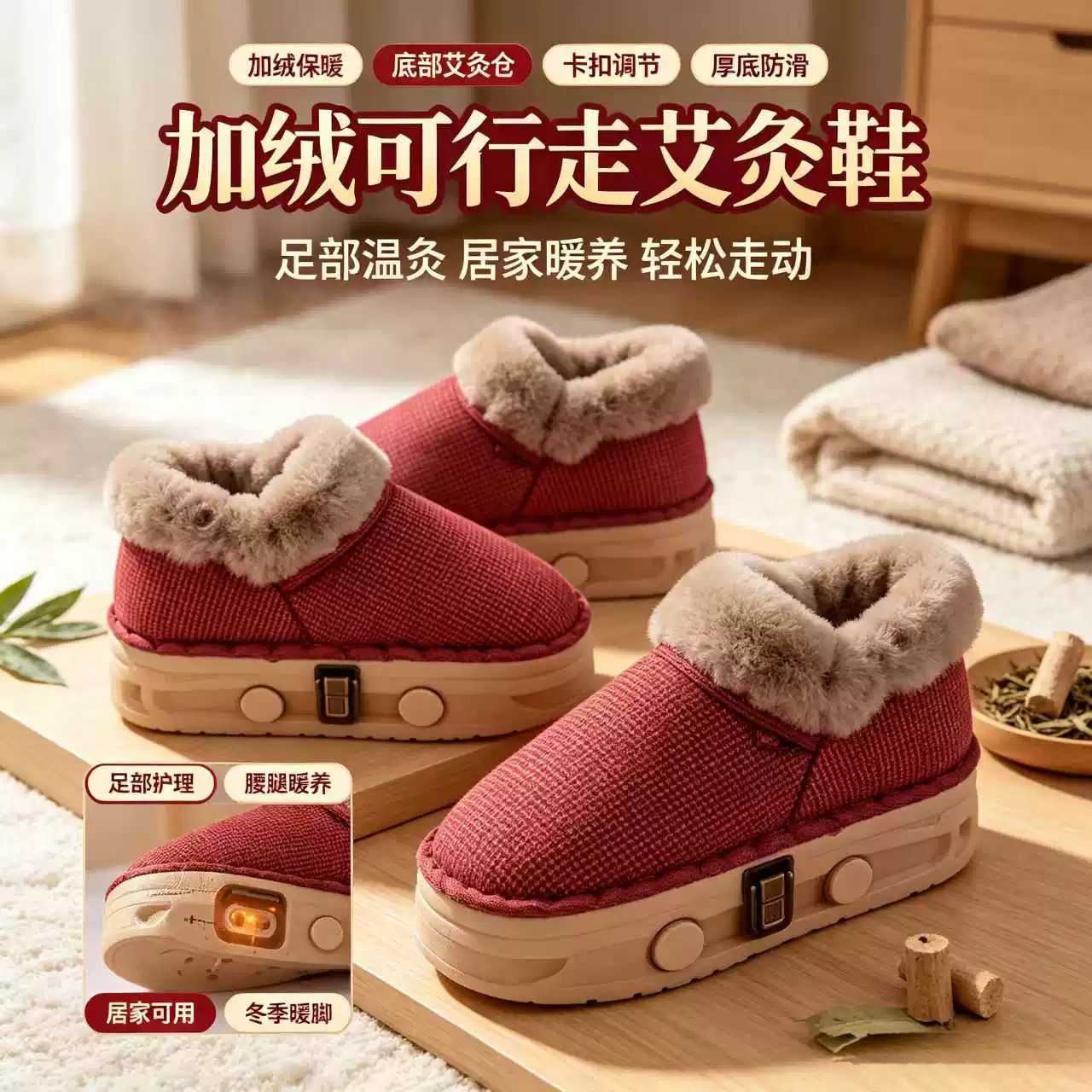 加厚艾灸靴实木温灸器家用足底带