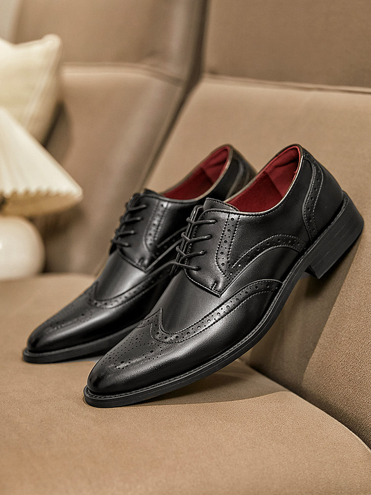 MENS BRITON BROGUE CARVED LEATHER SHOES LEATHER BROWN BUSINESS DRESS SHOES POINTED TOE WEDDING DERBY SHOES INSIDE HEIGHTENED