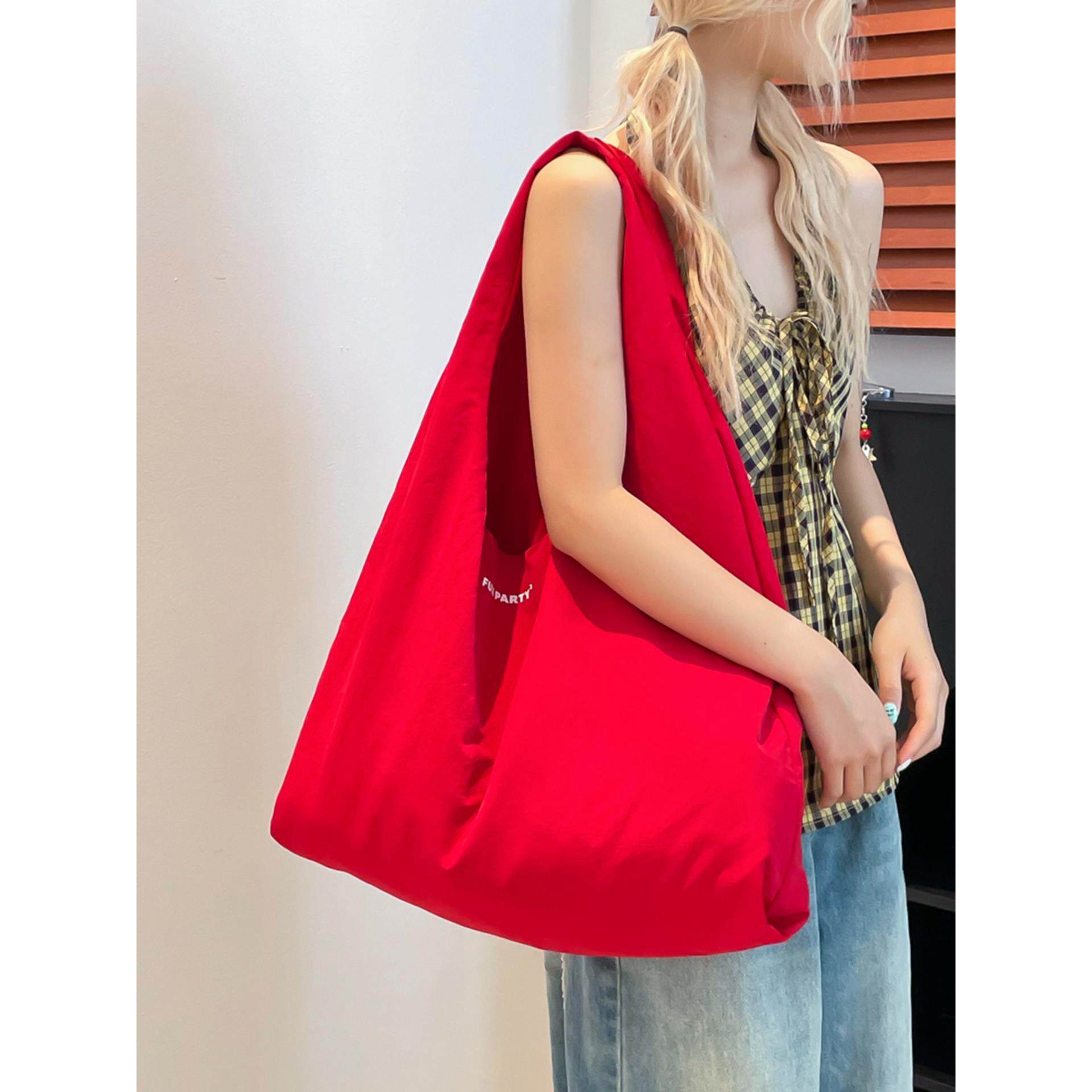 韩系慵懒风红色帆布包女休闲手提托特包轻便大容量通勤单肩购物袋