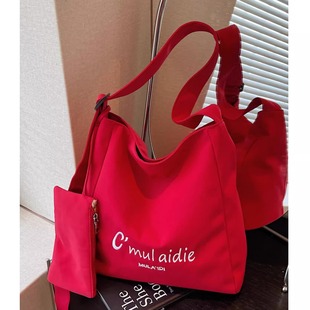 红色尼龙帆布包女夏2025新款休闲大容量单肩包学生通勤斜挎托特包