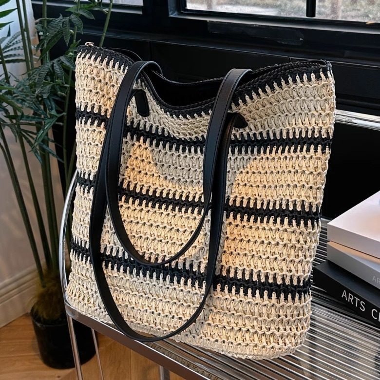 手工编织包包女大容量2025新款时尚撞色单肩包通勤百搭草编托特包