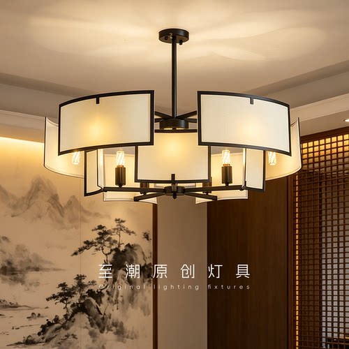 新中式轻奢布艺方框多头餐厅吊灯