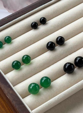 天欲雨｜新中式轻奢天然玛瑙圆珠绿色黑色复古通勤日常耳钉耳环