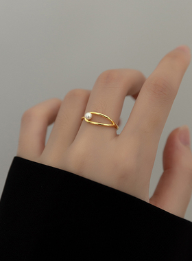 s925银金色简约镂空线条水滴戒指小清新珍珠复古风戒手饰情侣礼物