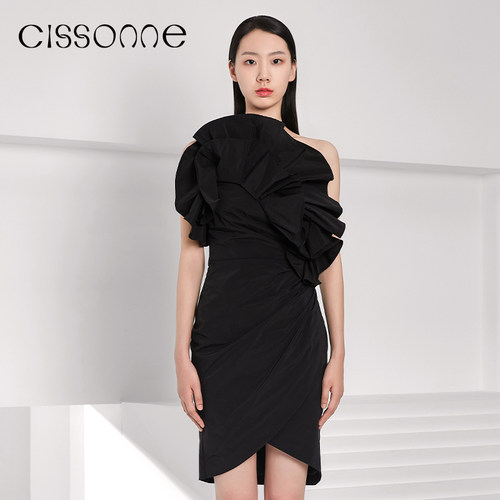 CISSONNE小黑裙荷叶边优雅吊带