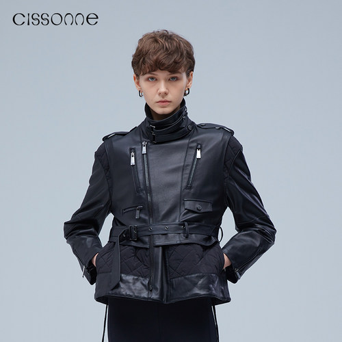CISSONNE小羊皮假两件立领短外套