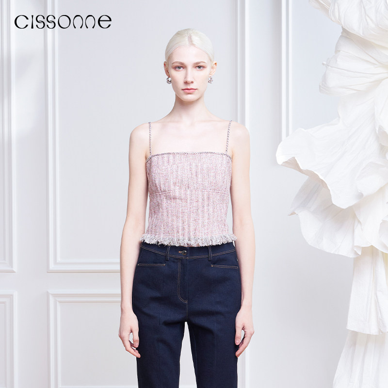 CISSONNE赛颂香风花呢拉毛流苏甜美方领细肩带气质女吊带