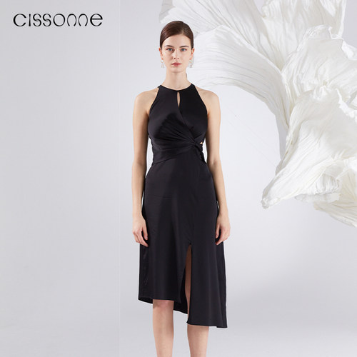 CISSONNE赛颂露腰小黑裙抽褶显瘦气质设计感礼服裙