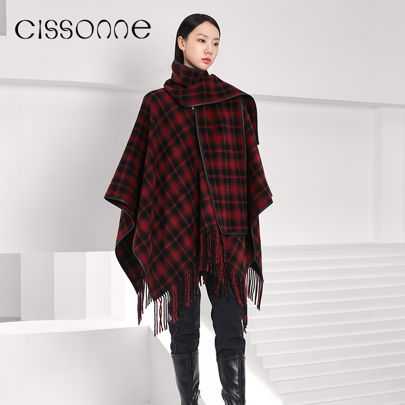CISSONNE/赛颂红色披肩式呢大衣