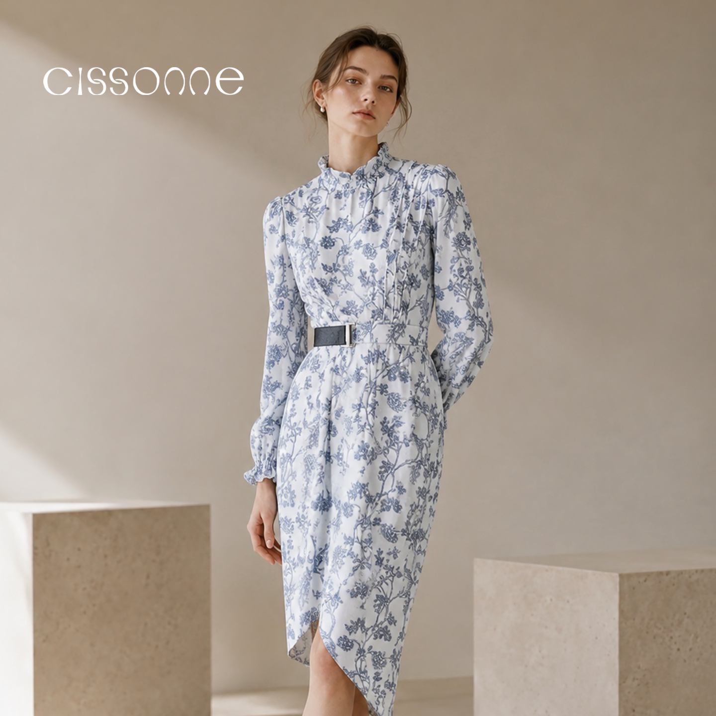 CISSONNE赛颂法式优雅印花连衣裙