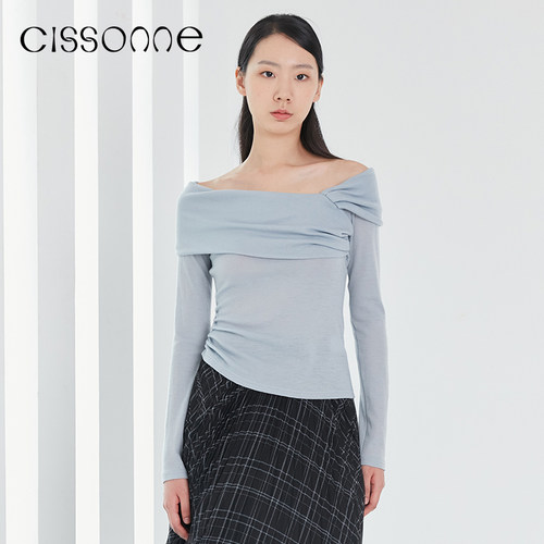 CISSONNE赛颂纯羊毛一字肩针织衫