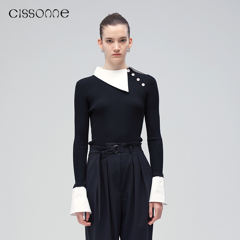 CISSONNE赛颂美丽诺羊毛法式撞色翻领针织衫