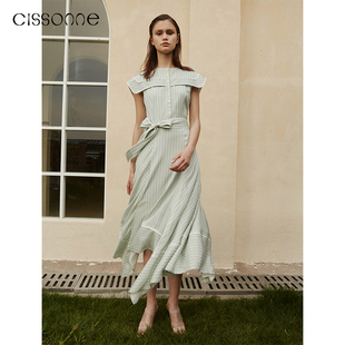 CISSONNE赛颂海军领条纹系带不对称设计感大裙摆连衣裙