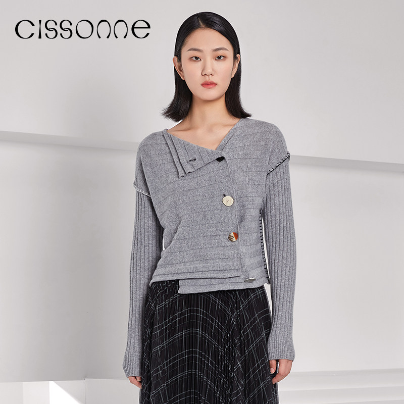 CISSONNE赛颂初春女装落肩袖不对称开衫毛针织衫