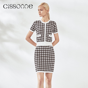 格子圆领减龄洋气针织开衫 CISSONNE赛颂短袖 女复古短款