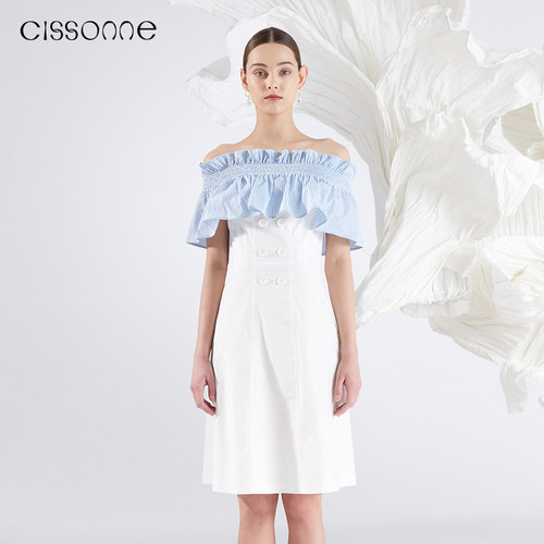 CISSONNE长绒棉混纺一字肩连衣裙
