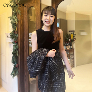 CISSONNE赛颂新款 香风花呢圆领高腰拼接气质连衣裙