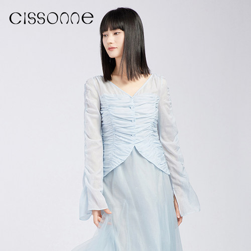 CISSONNE赛颂V领褶皱短上衣