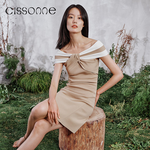 CISSONNE赛颂一字肩蝴蝶结针织裙