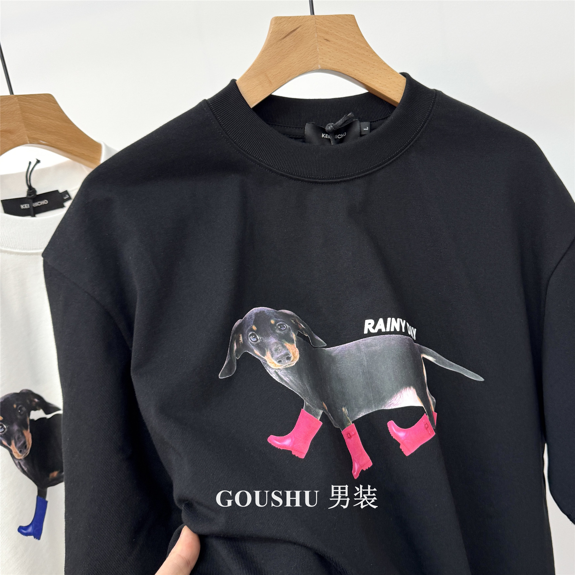上海专柜高质感腊肠狗印花450g重磅短袖T恤男士夏季宽松体恤衣服