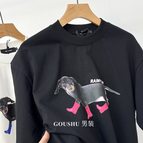 上海专柜高质感腊肠狗印花450g重磅短袖T恤男士夏季宽松体恤衣服