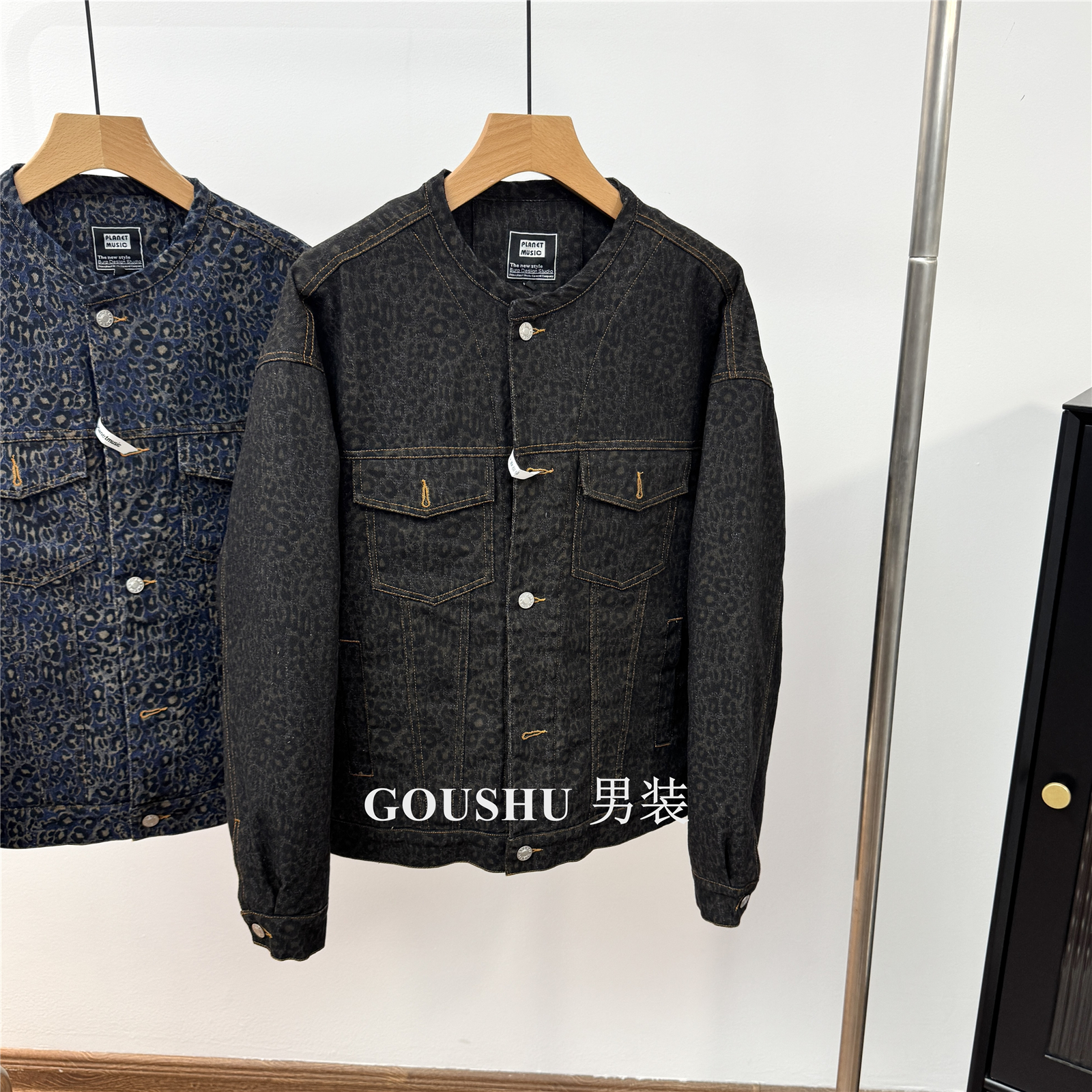 美式复古小众豹纹水洗牛仔夹棉夹克男潮牌设计感无领棉衣工装外套