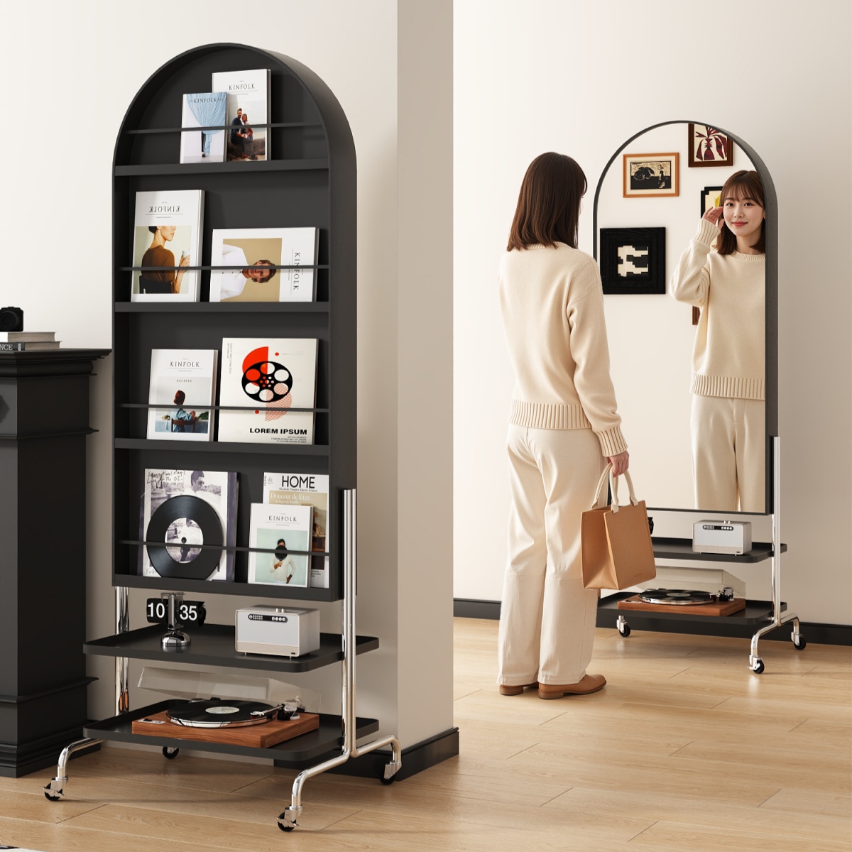 可移动全身镜落地镜家用杂志架一体全身镜女生卧室全身镜置物镜子