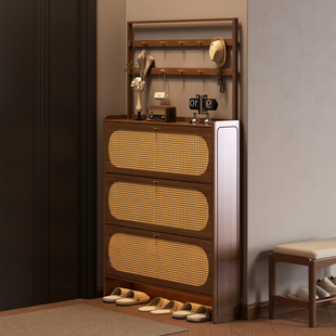 实木超薄中古风鞋柜家用门口收纳柜一体靠墙小窄门口入户玄关柜子