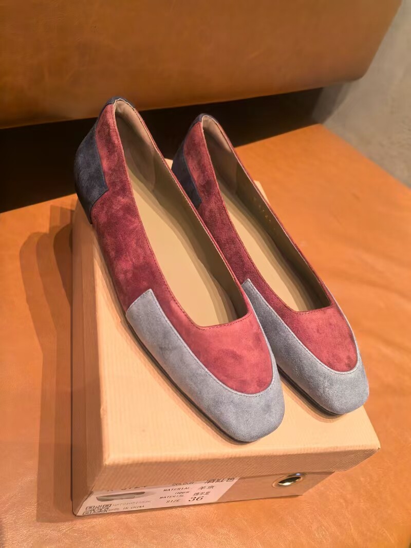 进口料 独特拼色牛皮反绒平底时髦单鞋  舒适百搭