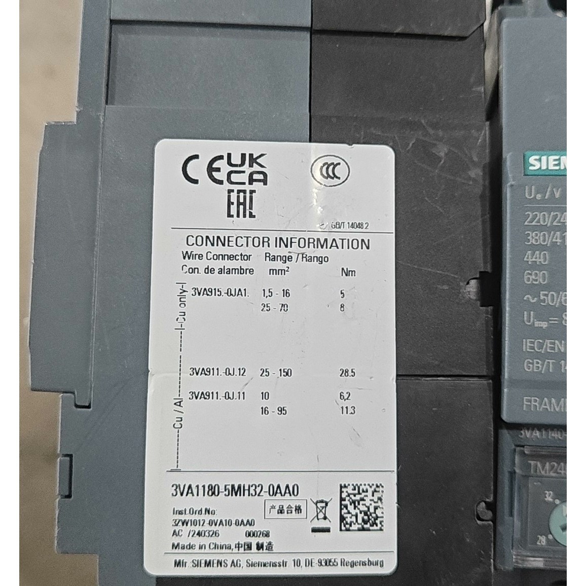 断路器,型号为3V1A1180-5MH32-0AA0议价产品