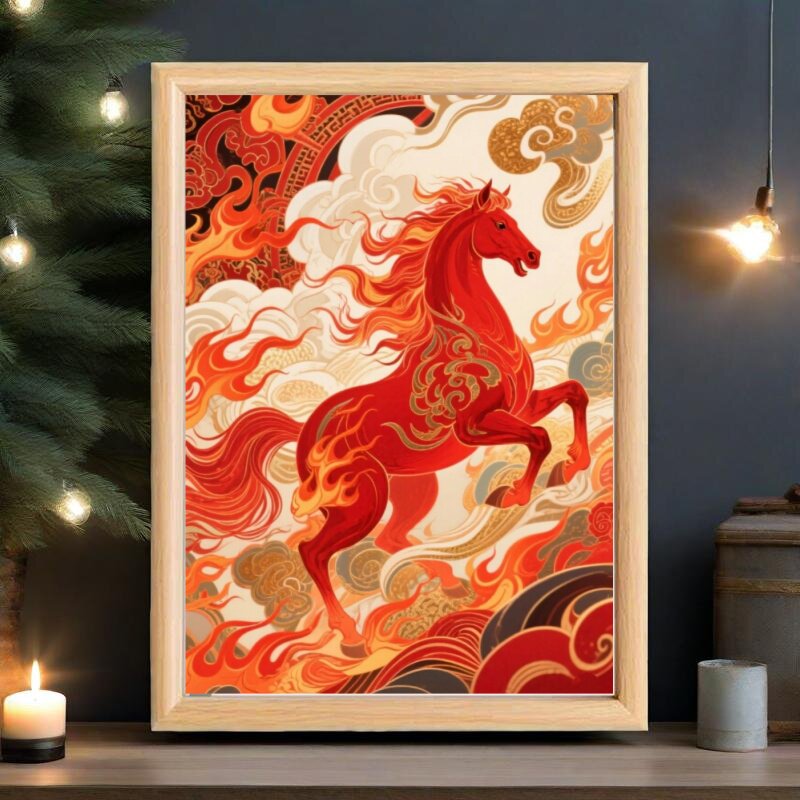 中式传统红色骏马装饰画木框相框