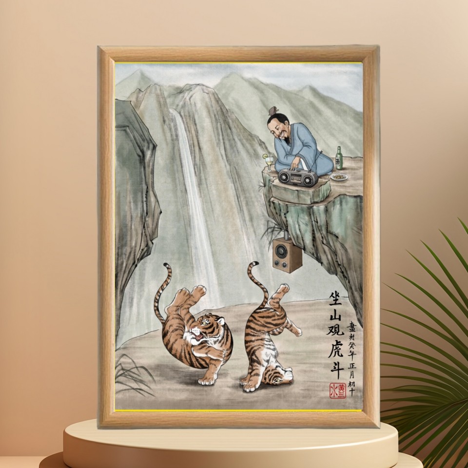 坐山观虎斗古画恶搞客厅玄关电视柜摆件搞笑装饰画卧室背景墙挂画