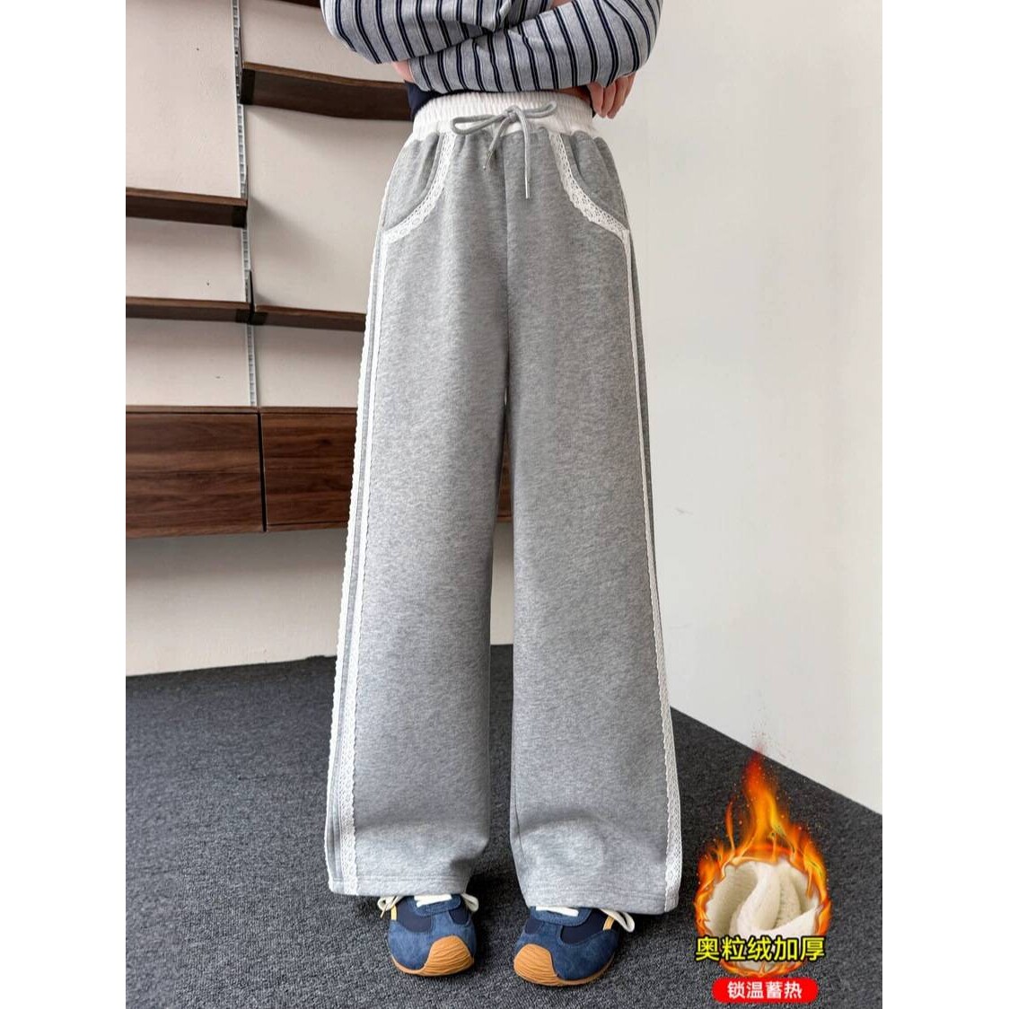 高档品牌女童裤子冬装洋气女大童加绒加厚蕾丝花边阔腿裤儿童直筒