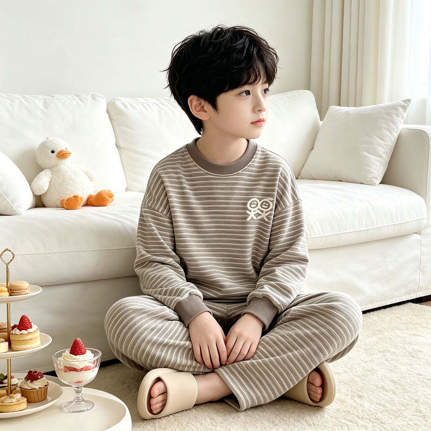 高档品牌男童条纹家居服加厚德绒秋冬款长袖套头睡衣男孩时尚外穿