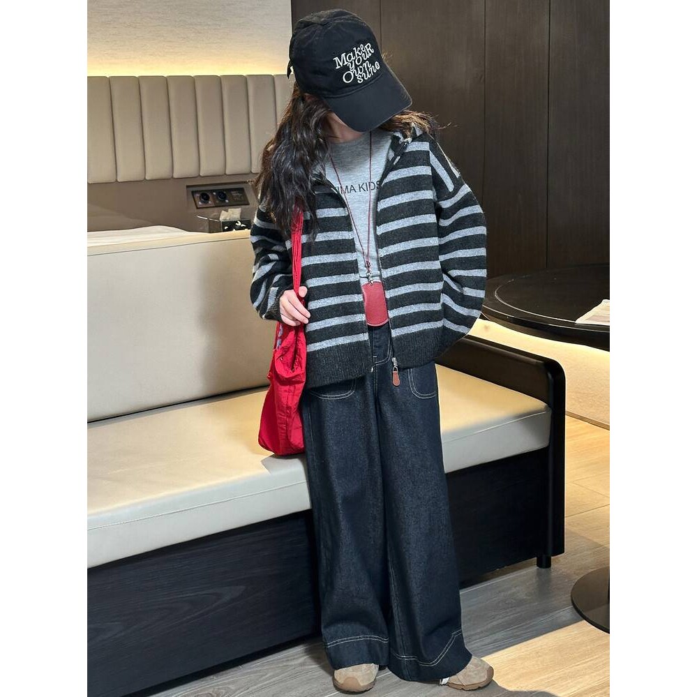 高档品牌女童韩系条纹连帽针织开衫两件套2026宽松毛衣外套百搭休