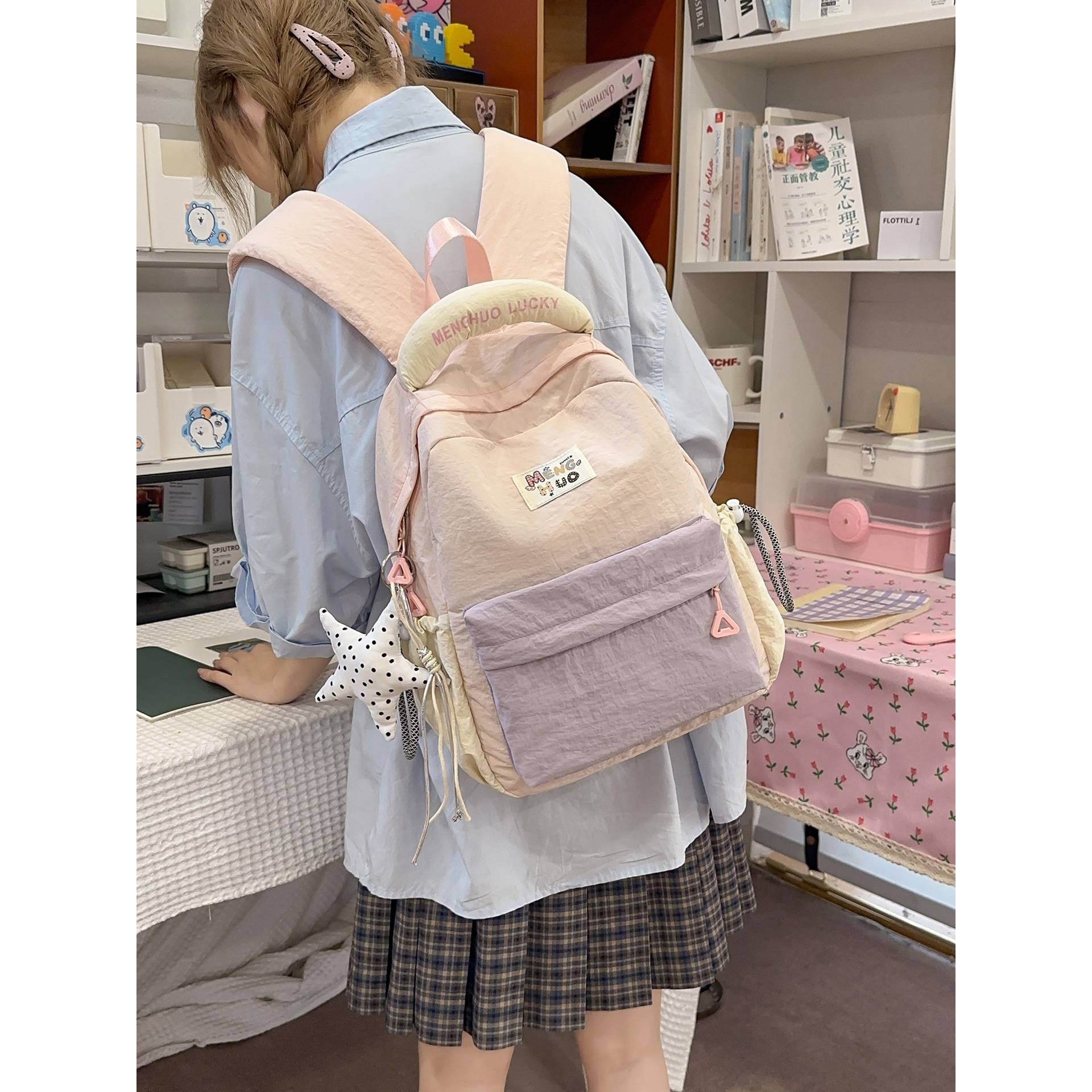 品牌新款ins软妹背包韩版纯色大容量学生书包甜美清新少女休闲双