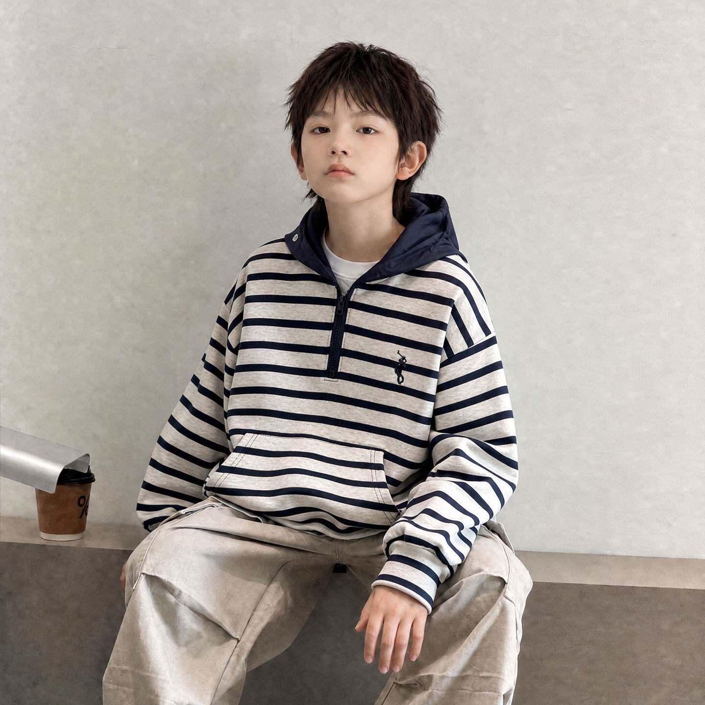 高档品牌男童连帽卫衣春秋儿童韩范休闲条纹帽衫男孩酷帅时尚潮流
