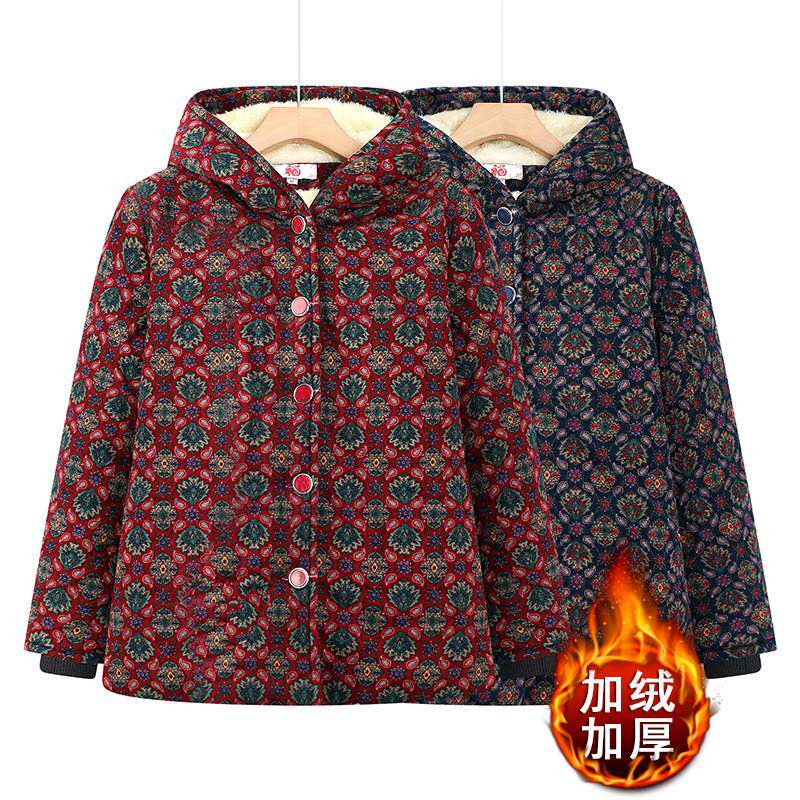 高档品牌中老年人连帽棉服女奶奶冬装棉衣加绒加厚妈妈冬季外套老