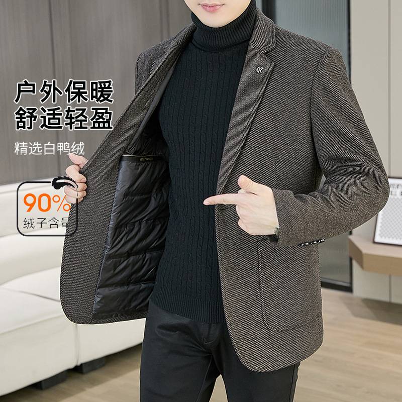 高档品牌爆款羽绒服男士西装领休闲短款上衣外套中青年商务保暖白